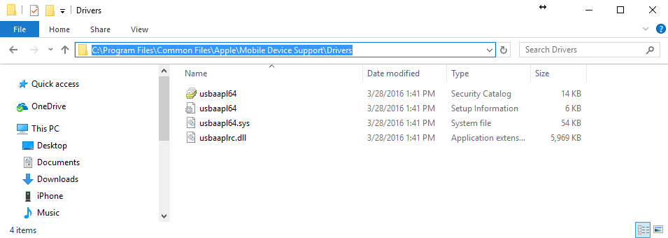 Apple mobile device USB driver folder