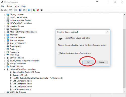 Apple mobile device USB driver unspecified confirm uninstall driver